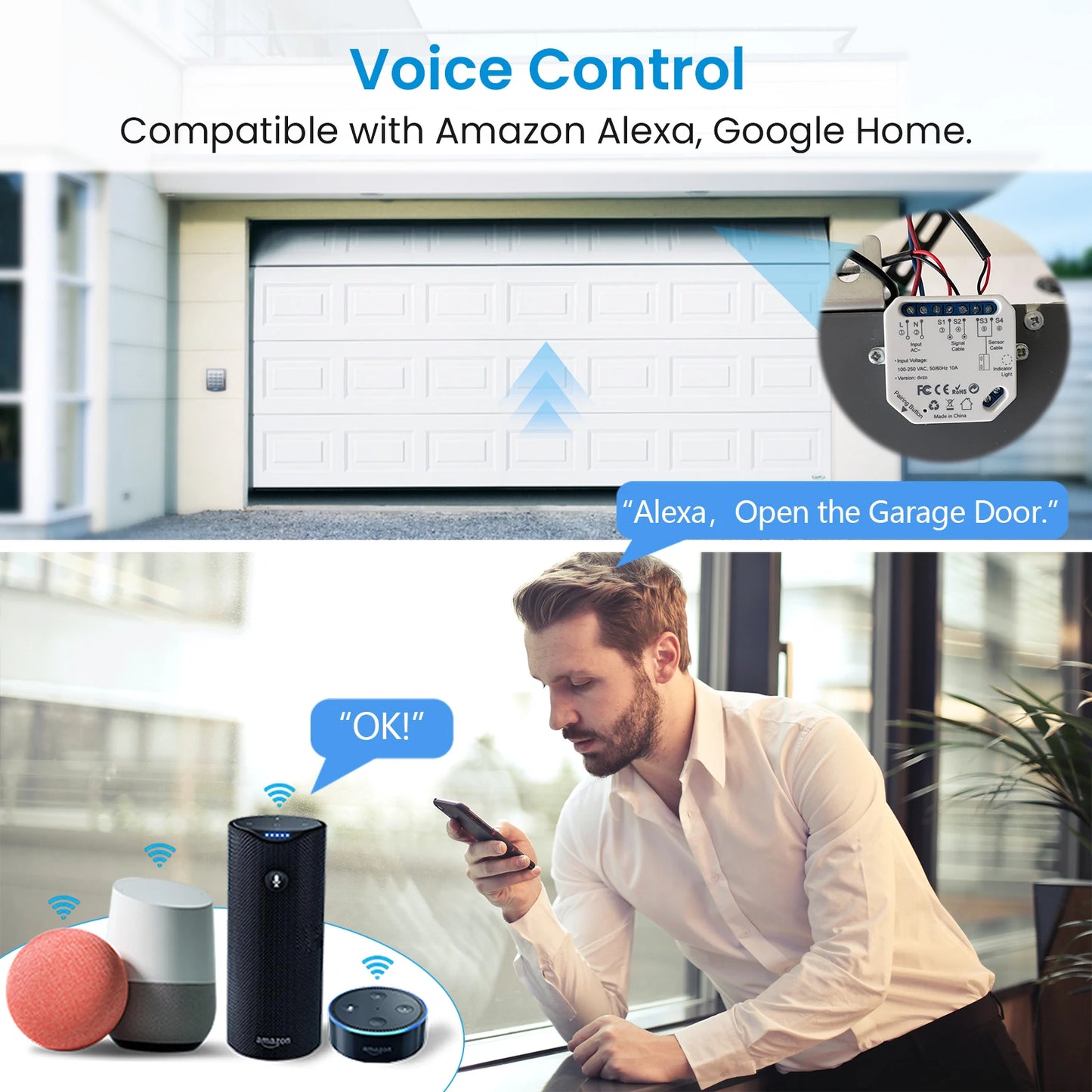 Garage Door Opener Control Wired Sensor Contacts Tuya Smart Life Remote  Alexa