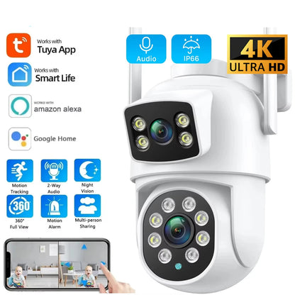 Cámara de seguridad inalámbrica Tuya Wifi de 8MP con doble lente, PTZ, para exteriores, 4K, con doble pantalla, seguimiento automático, ONVIF y compatible con Alexa.