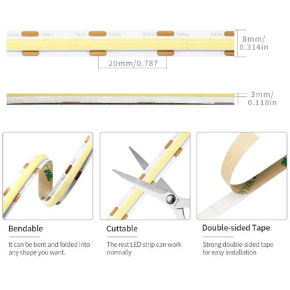 Tira LED COB 24V 3000/4000/6000 K.  600 LEDs/m Dimmable con Tuya Bluetooth