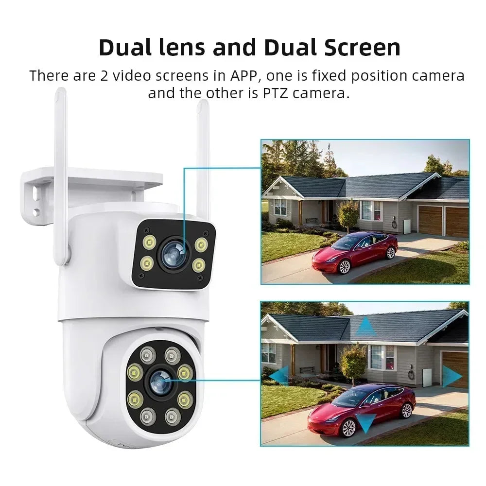 Cámara de seguridad inalámbrica Tuya Wifi de 8MP con doble lente, PTZ, para exteriores, 4K, con doble pantalla, seguimiento automático, ONVIF y compatible con Alexa.