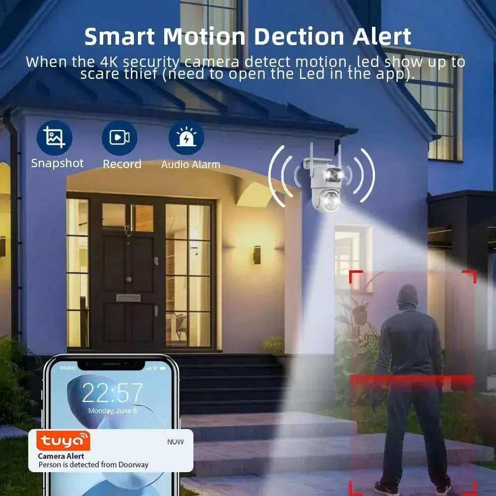Cámara de seguridad inalámbrica Tuya Wifi de 8MP con doble lente, PTZ, para exteriores, 4K, con doble pantalla, seguimiento automático, ONVIF y compatible con Alexa.