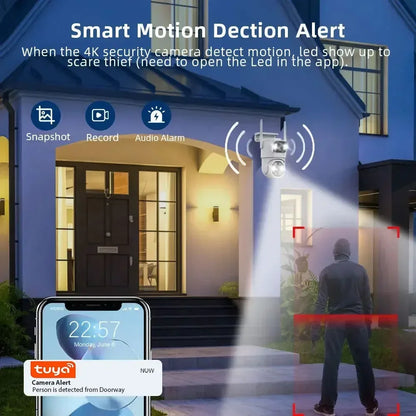 Cámara de seguridad inalámbrica Tuya Wifi de 8MP con doble lente, PTZ, para exteriores, 4K, con doble pantalla, seguimiento automático, ONVIF y compatible con Alexa.