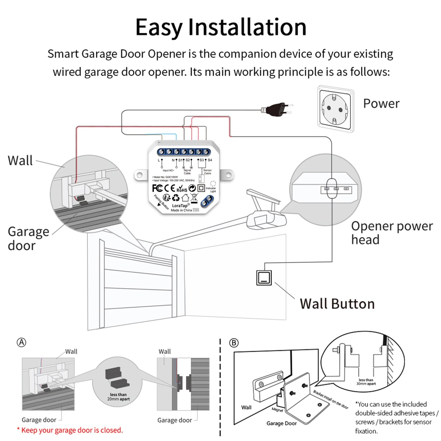 Garage Door Opener Control Wired Sensor Contacts Tuya Smart Life Remote  Alexa