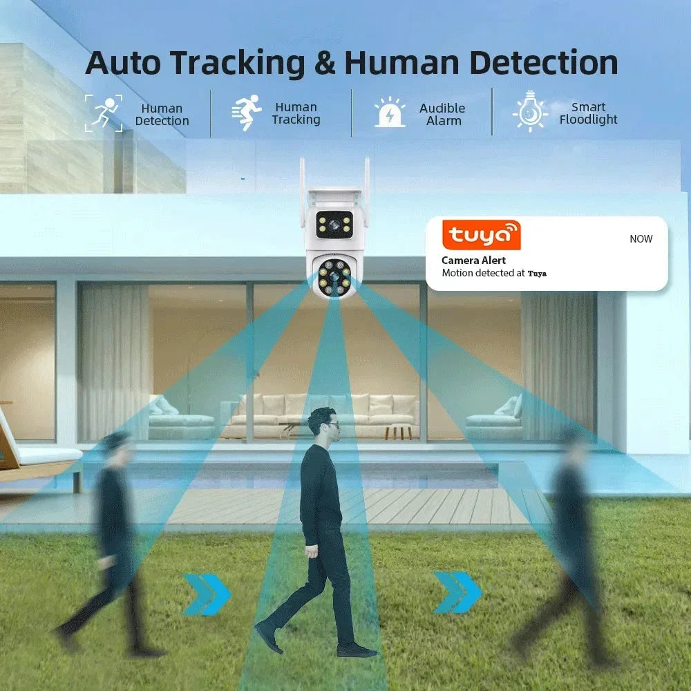 Cámara de seguridad inalámbrica Tuya Wifi de 8MP con doble lente, PTZ, para exteriores, 4K, con doble pantalla, seguimiento automático, ONVIF y compatible con Alexa.